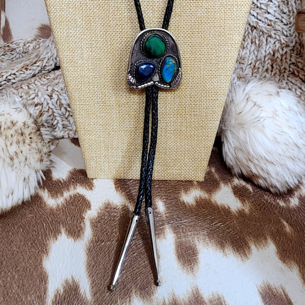 Sterling Silver Vintage Bolo Tie with Malachite, Turquoise, and Lapis Lazuli